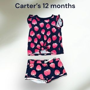Carters Baby Girl 12 Months Strawberry Twisted Tank Top & Shorts Set